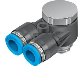 Festo Y-forskruning QSYLV-G3/8-10 med to blå indstik og udvendigt gevind i metal på mørk baggrund.
