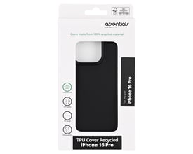 Emballage med sort TPU-bagsidecover til iPhone 16 Pro, vist forfra med coverets store kameraåbning.
