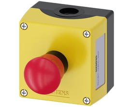 Siemens nødstopkasse i gul plast med 40mm rød trykknap, 2NC kontakter og synlig skrueterminal, ideel til gulvmontering.