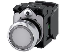 Siemens oplyst trykknap 22mm med ru metalfront, klar linse og 1 NO fjederklemme.