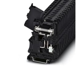 Detaljeret billede af Phoenix Contact UT 6-HESILED 24 sikringsklemme, der viser intern mekanisme og 6,3x32mm sikring med LED.