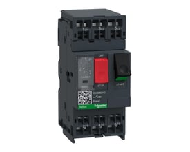 Frontvisning af Schneider Electric TeSys GV2 motorværn med fokus på drejeknap til indstilling, testknap og mærkning med 0,4-0,63A.