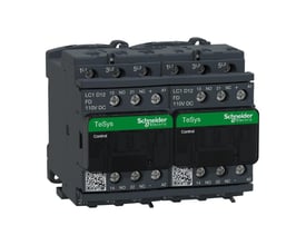 Schneider Electric TeSys D reverseringskontaktor med 12A strøm, 3-polet, 3NO og 2NO/2NC kontakter, og 110V DC spole.