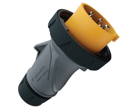 Mennekes PowerTOP Xtra R CEE-stikprop med gråt og sort ergonomisk hus og orange stikdel, 16 A og 110 V.