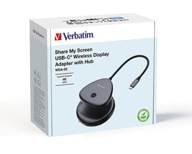Verbatim Share My Screen USB-C trådløs adapter med hub i original emballage, der viser 4K HDMI understøttelse.