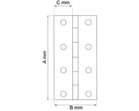 Teknisk tegning af Habo kanthængsel 63 x 43 mm, der viser dimensioner A, B og C samt skruehuller.