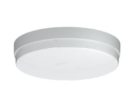 Opple LED-armatur LEDWM-P2 RD320-19W-DALI-830/840 med rund, grå kant og hvid lysskærm, set skråt forfra.