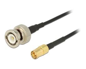 DeLOCK sort RG-174-antennekabel på 1 meter med BNC-stik og SMB-stik, vist med begge stikender.