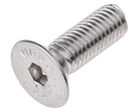 Syrefast M6 x 50 mm insexskrue i A4 rustfrit stål med undersænket hoved og indvendig sekskant på hvid baggrund.