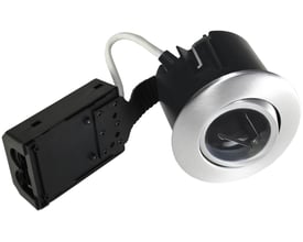 Nordtronic Quick Install indbygningsspot med GU10 sokkel i børstet aluminium og hvid tilslutningsboks.