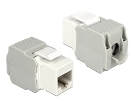 DeLock Keystone modul RJ45 Cat.6 UTP i hvid og grå. Viser både fronten med RJ45-port og bagsiden med LSA-tilslutning.