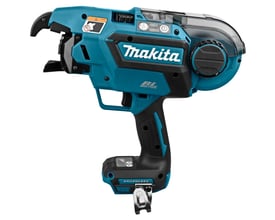 Makita bindemaskine DTR180ZJ 18V med fokus på det blå og sorte design og detaljer som børsteløs motor og trigger.