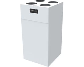 Dantherm HCV400E1 ventilationsaggregat med entalpiveksler og frontpanel, vist skråt forfra med runde lufttilslutninger på toppen.