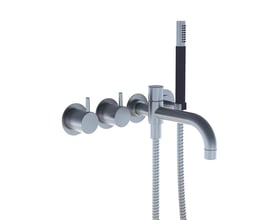 Vola 1-grebsblander i børstet stål til stor vandmængde med tre greb og håndbruser på hvid baggrund.