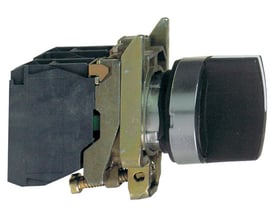 Detaljeret sidebillede af Schneider Electric drejeafbryder, viser montering og kontaktblok på 3-positionsknap.