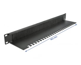 DeLock 19" kabelgennemføring med børsteliste og kabelstøtteplade, 1U, sort. Viser bredden på 483 mm og kabelorganiseringskroge.