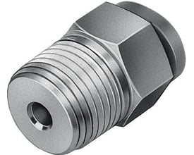 Festo lige forskruning QSM-1/8-6 med udvendig sekskant og gevind til tætning på skrue, grå metal.