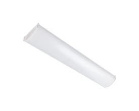 Set fra en anden vinkel, SG Armaturen Wave 600 LED-armatur i hvidt, med synlige endestykker og let buet akrylskærm på hvid baggrund.
