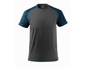 Mascot T-shirt i mørk antracit, str. 4XL, med blå detaljer på ærmerne og ved bunden.