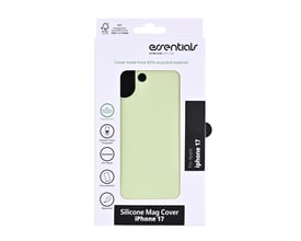 Emballage med salviegrønt silikonebagcover til iPhone 17, vist forfra med kameraåbning og Mag-betegnelse.