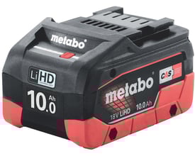 Nærbillede af Metabo 18V 10.0 Ah LiHD batteri, viser detaljer på mærkning og LiHD teknologi med CAS logo.
