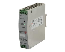 Carlo Gavazzi 10 A strømforsyning med 12 V DC-udgang og skrueklemmer, vist som grå enhed med grønne tilslutninger.