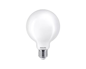 Philips Classic LED-lyskilde på 7 W med mat, rund G93-pære og synlig E27-skruefatning, svarende til 60 W.
