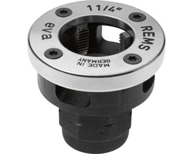 Rems Eva gevindskærehoved med 3/8" bakker, der viser den hvide ring med sort tekst og de synlige gevindskærebakker indeni.