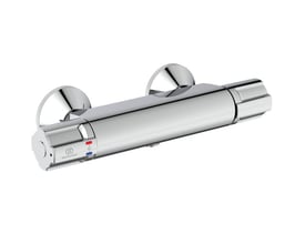 Ideal Standard CERAPLUS SAFE brusearmatur i blank krom med termostat og to greb, set skråt forfra.
