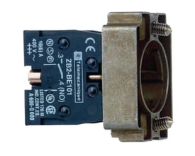 Schneider Electric 1SL kontaktelement med metalhus og 1 NO kontakt, med synlige skrueterminaler på hvid baggrund.