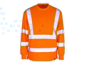 Mascot sweatshirt Melita i orange vist forfra med tydelige lodrette og vandrette reflekser, rund hals og lange ribærmer.