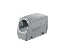 Weidmüller stikforbinderhus til industristik med sidevendt kabelindføring og låseklemmer nederst, set skråt forfra.