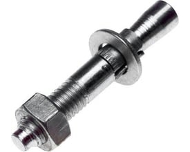 Expandet gennemstiksanker 6 x 50 mm i el-forzinket metal, vist skråt med gevind, skive og møtrik.