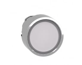 Schneider Electric ZB4 lampetrykhoved med hvid LED og krombelagt metalring, 22 mm diameter, isoleret på hvid baggrund.