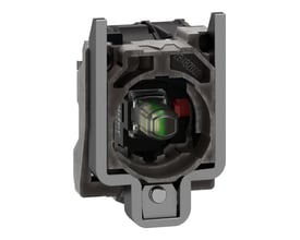Nærbillede af Schneider Electric Harmony XB4 lysblok med metalkrop, viser LED'en og 1 x NC kontakt detaljer.