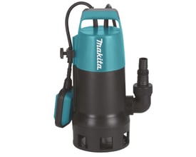Makita PF1010 dykpumpe vist fra siden, med fokus på udløbsstudsen og den vertikale krop af pumpen i blå og sort.