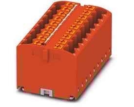 Phoenix Contact Ptfix 18X2,5 RD fordelerblok i orange plast med 18 tilslutningspunkter og nummerering op til 10. Den har et kompakt design til elektriske installationer.