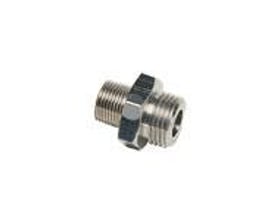 Parker brystnippel for udvendig BSPT/BSPP tilslutning med R3/8 og G1/4 gevind, fremstillet i forniklet messing.