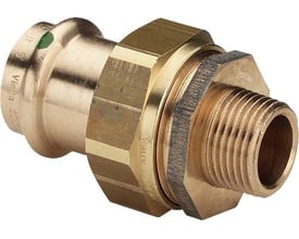 Viega G3 Sanpress union med overgang i rødgods, 22 mm presfitting til ¾" udvendigt gevind, isoleringsskive inkluderet.