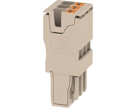 Weidmüller APG 2.5/3 stik i beige med PUSH IN teknologi og 3 orange fjederterminaler på hvid baggrund.