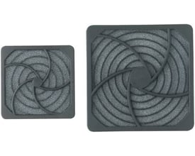 Schneider Electric ClimaSys CA outlet filter sæt i to forskellige størrelser, vist med en spiralformet grå filterstruktur og mørk ramme.