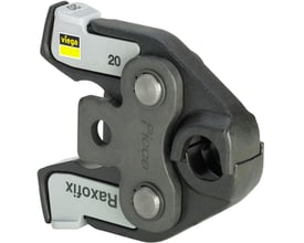 Viega presbakke til 20mm rør, fremstillet af fosfateret stål med 'Picco' og 'Raxofix' mærkning.