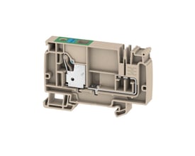 Sideprofil af Weidmüller AAP21 10 FE forsyningsklemme, beige, med 10mm² tilslutning og grøn/blå markering på hvid baggrund.