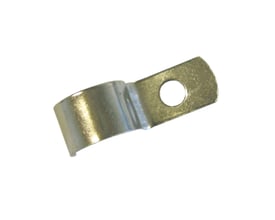 En enkelt metal kabelbøjle på 13mm med 1-lap og monteringshul, isoleret på hvid baggrund.