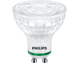 Philips Ultra Efficient GU10 LED-pære med 36° lysspredning, 380 lumen og 3000K varmhvidt lys, præsenteret på en hvid baggrund.