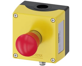 Siemens nødstopkasse 3SU1 med 40mm rød paddehattryk og gul plastikkapsling, vist med 1NO 1NC kontakter.
