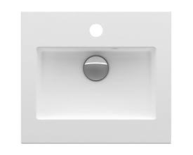 INR Viskan håndvask i mat hvid porcelæn med rene, firkantede linjer og en slank profil, viser hanehul og afløb.