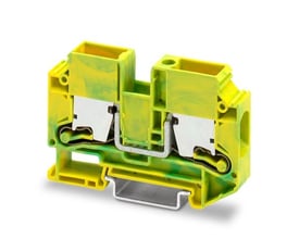 Phoenix Contact XTV 16-PE gennemgangsklemme i gul og grøn med metaldele, vist fra siden.