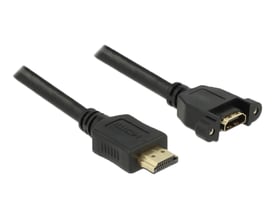 Sort Delock HDMI-kabel på 2 meter med HDMI-A-hanstik og panelmonteret HDMI-A-hunport med skrueører.