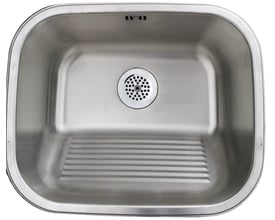 Top view af Intra Juvel vaskekar i rustfrit stål, med afløbshul og rillede tørreområde i et sterilt miljø.